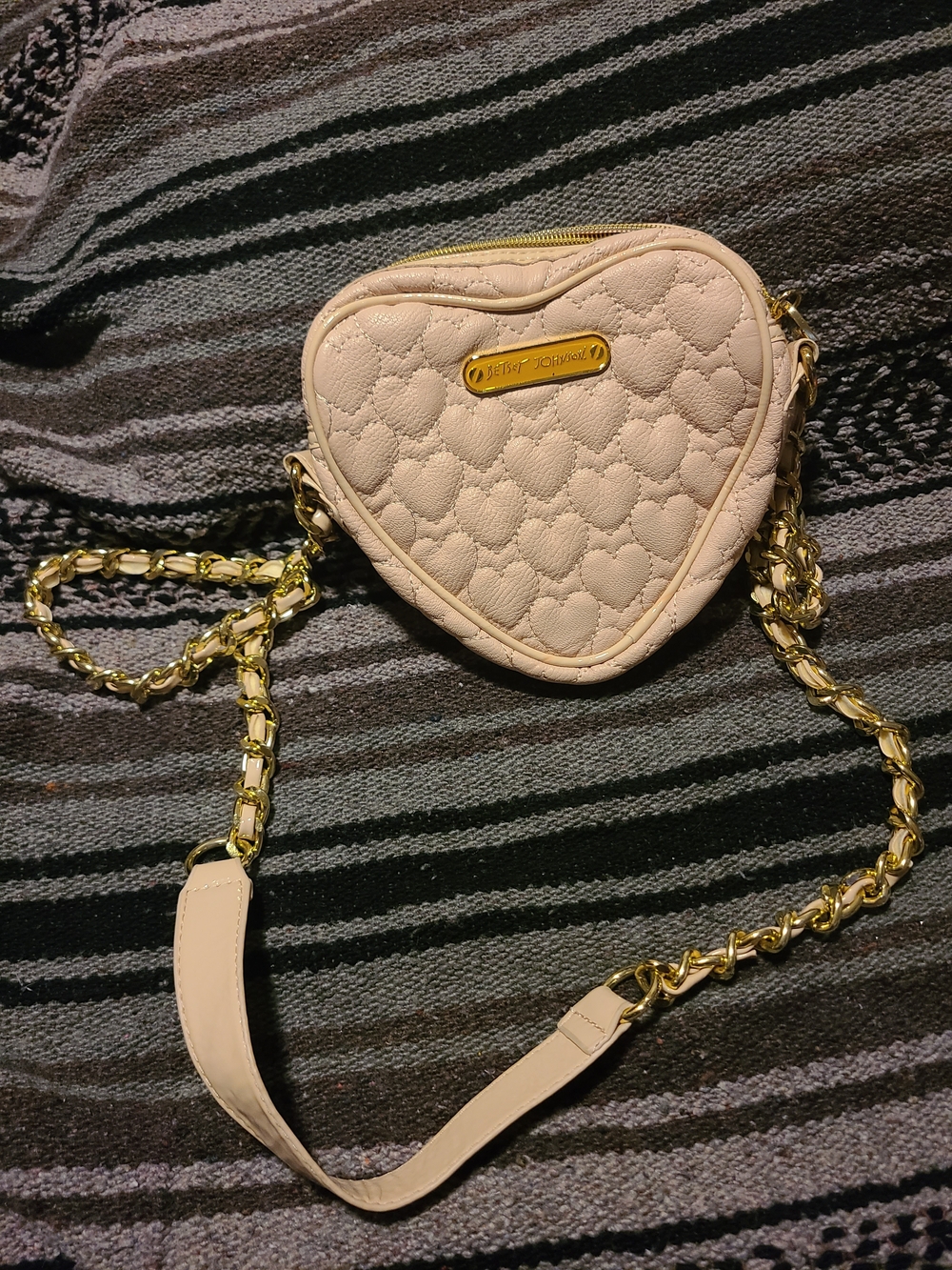 Betsey Johnson Pale Pink Quilted Heart Crossbody with Gold Chain